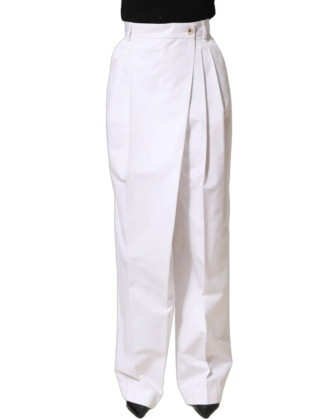 Dolce &amp; Gabbana White Cotton High Waist Pleated Wide Leg Pants