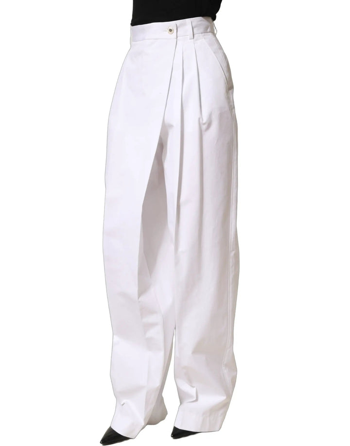 Dolce &amp; Gabbana White Cotton High Waist Pleated Wide Leg Pants