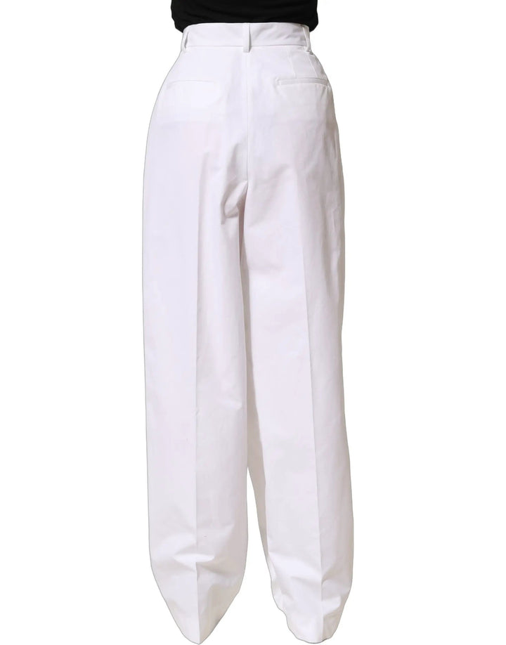 Dolce &amp; Gabbana White Cotton High Waist Pleated Wide Leg Pants