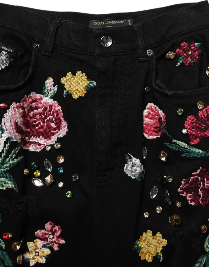 Dolce &amp; Gabbana Black Floral Cotton High Waist Tapered Pants