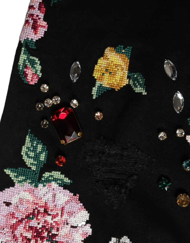 Dolce &amp; Gabbana Black Floral Cotton High Waist Tapered Pants