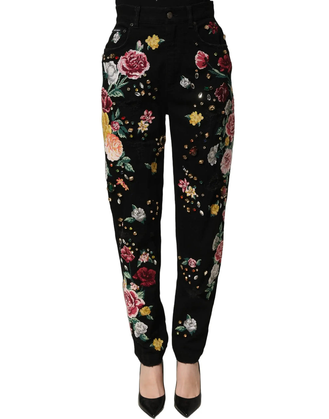 Dolce &amp; Gabbana Black Floral Cotton High Waist Tapered Pants
