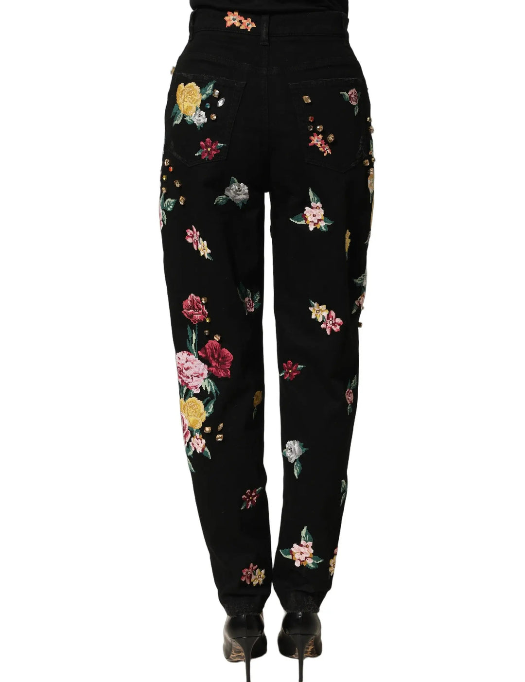Dolce &amp; Gabbana Black Floral Cotton High Waist Tapered Pants