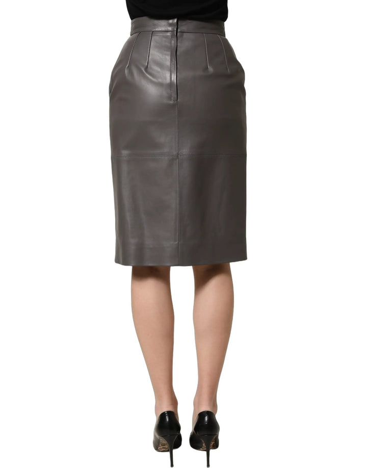Dolce &amp; Gabbana Gray Leather High Waist Pencil Cut Midi Skirt