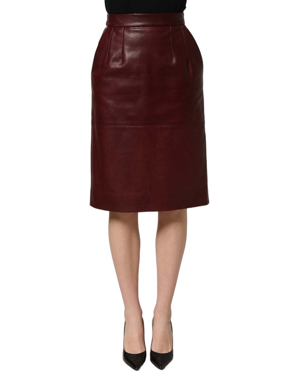 Dolce & Gabbana Sample Sale | Dolce & Gabbana Burgundy Leather High Waist Pencil Midi Skirt - | Designer outlet