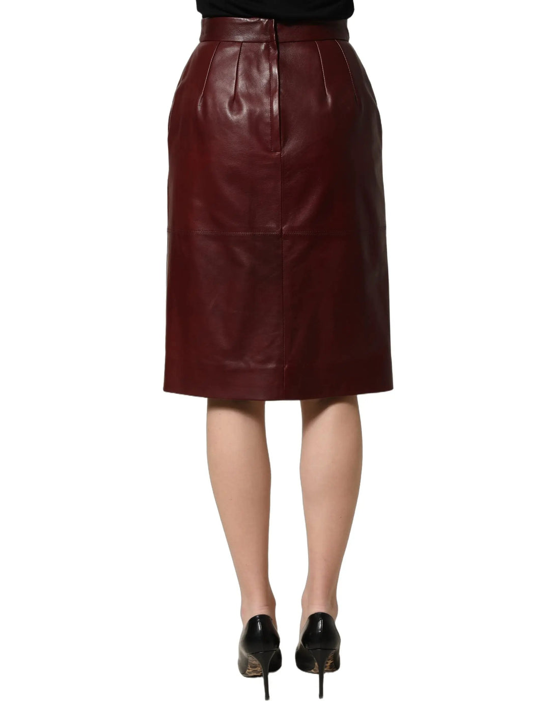 Dolce &amp; Gabbana Burgundy Leather High Waist Pencil Midi Skirt