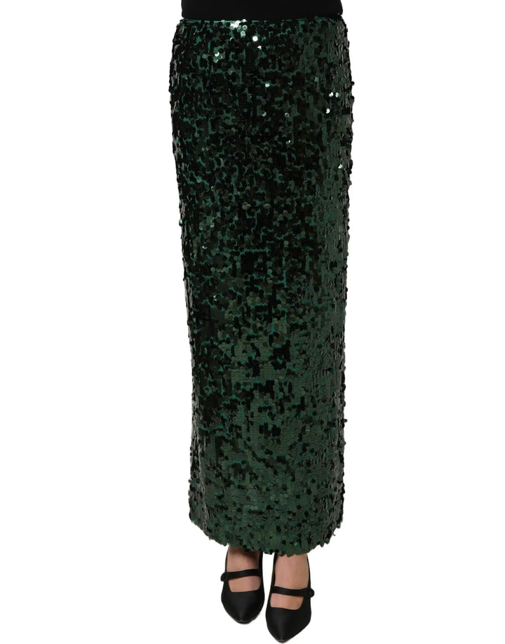Dolce &amp; Gabbana Green Sequin High Waist Pencil Cut Midi Skirt