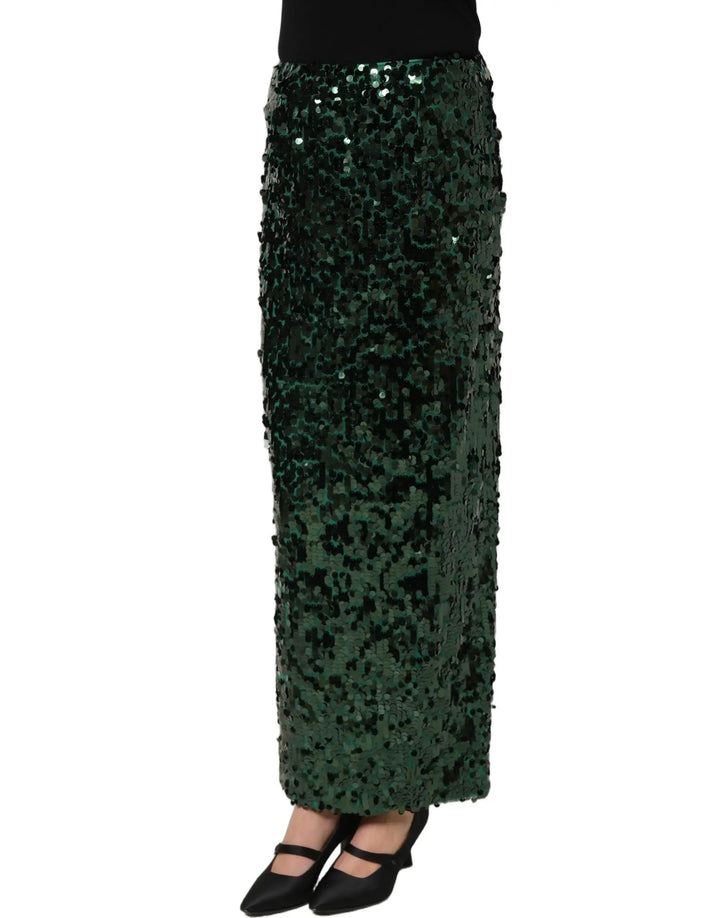 Dolce &amp; Gabbana Green Sequin High Waist Pencil Cut Midi Skirt