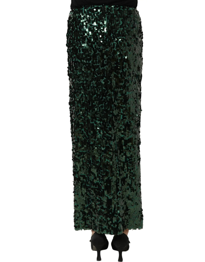 Dolce &amp; Gabbana Green Sequin High Waist Pencil Cut Midi Skirt