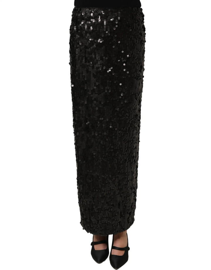 Dolce &amp; Gabbana Black Sequin High Waist Pencil Midi Skirt