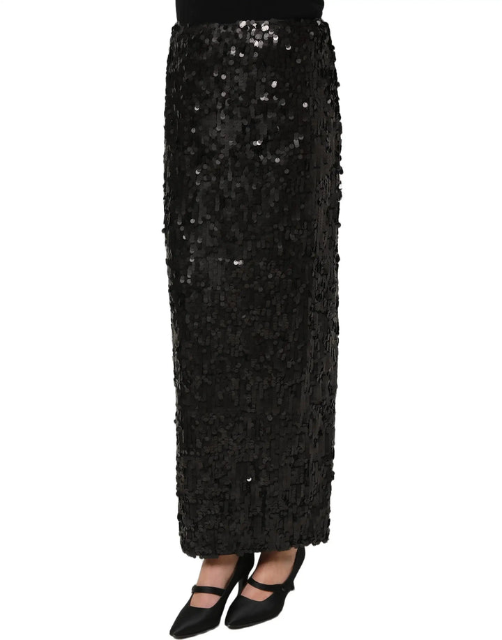 Dolce &amp; Gabbana Black Sequin High Waist Pencil Midi Skirt