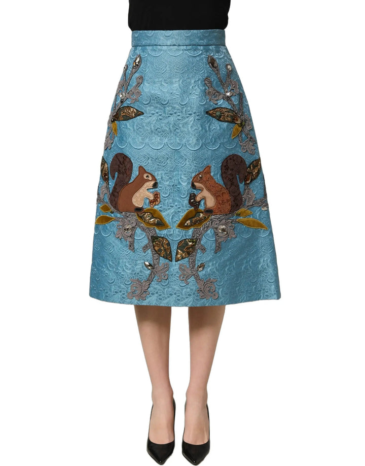 Dolce &amp; Gabbana Blue Jacquard Embroidered A-line Midi Skirt
