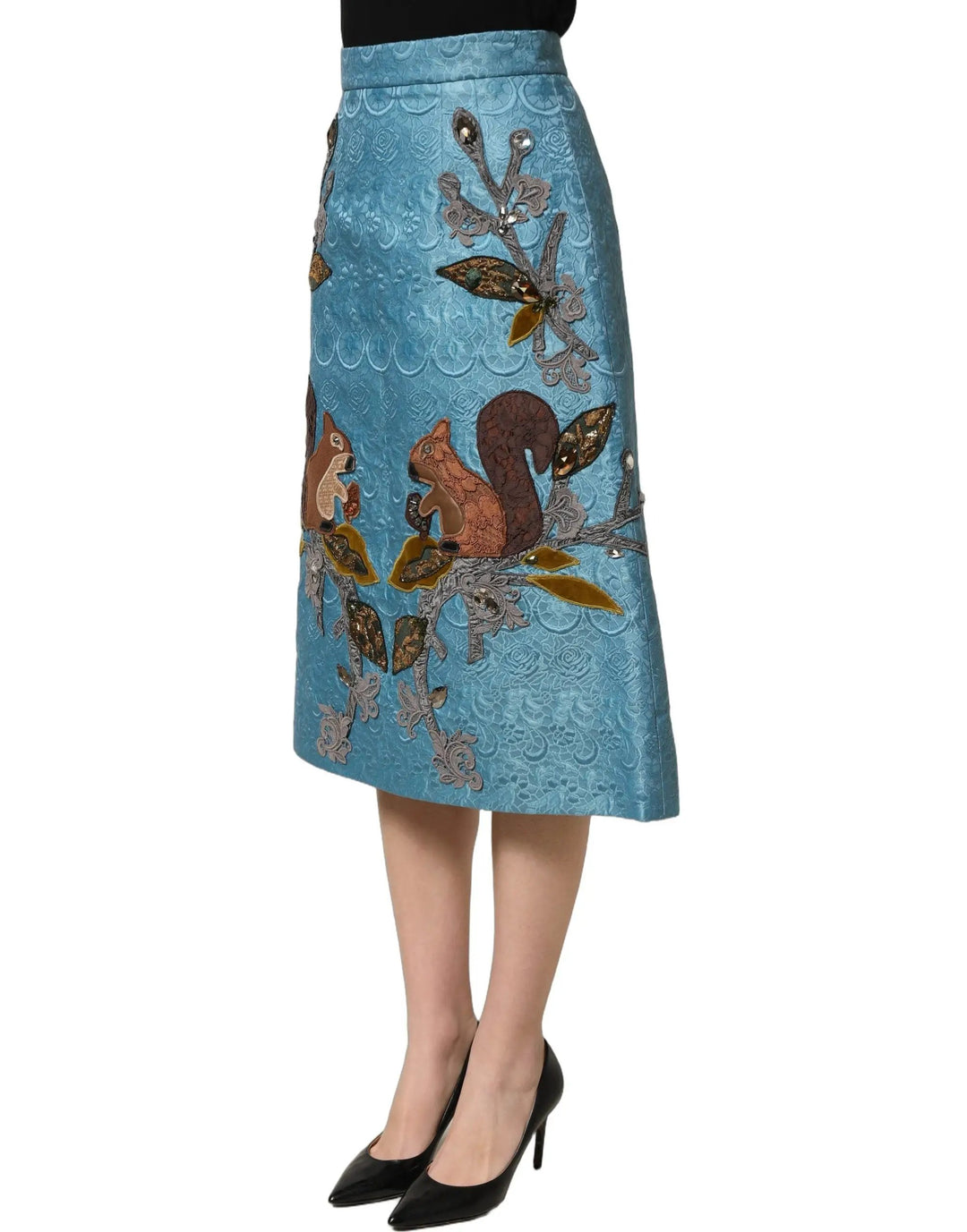 Dolce &amp; Gabbana Blue Jacquard Embroidered A-line Midi Skirt