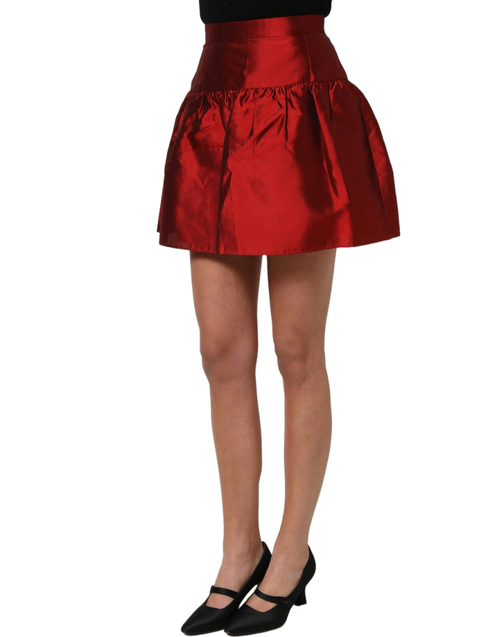 Dolce &amp; Gabbana Red Silk Satin Bubble High Waist Mini Skirt