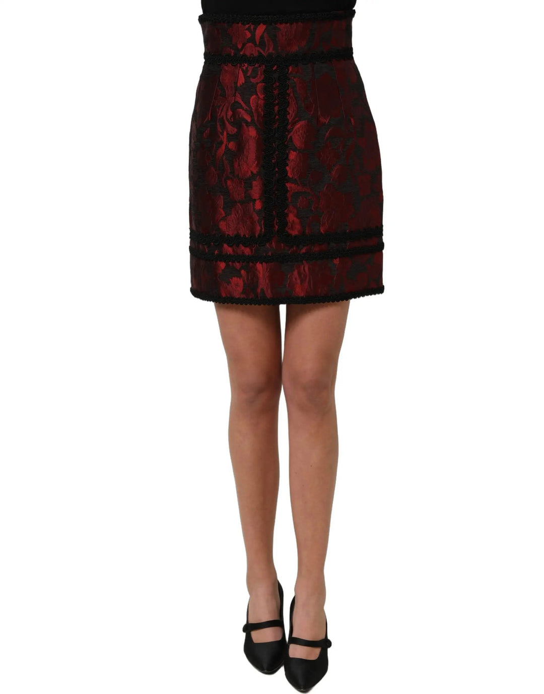 Dolce &amp; Gabbana Red Black Floral Lace Jacquard Mini Skirt