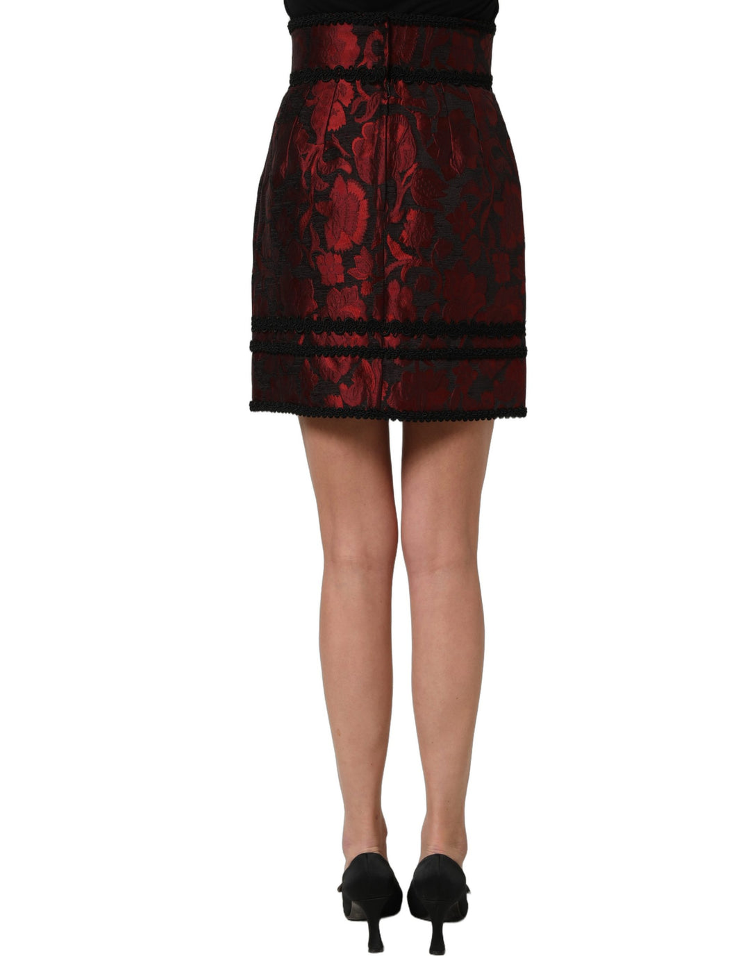 Dolce &amp; Gabbana Red Black Floral Lace Jacquard Mini Skirt