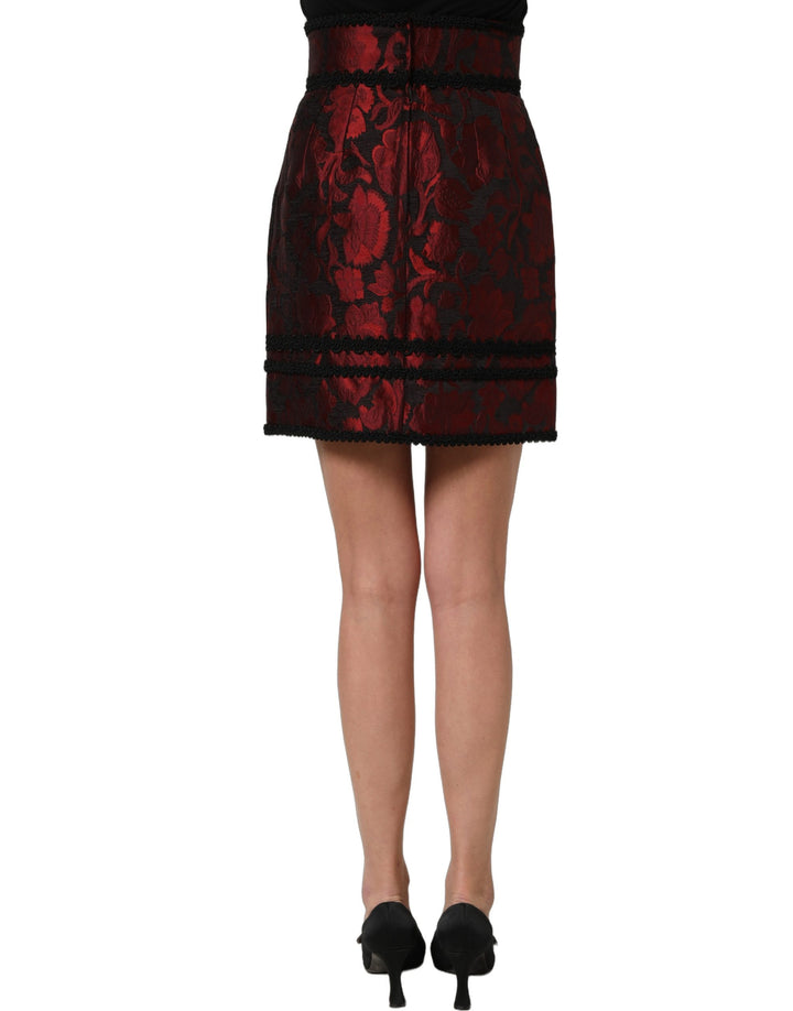 Dolce &amp; Gabbana Red Black Floral Lace Jacquard Mini Skirt