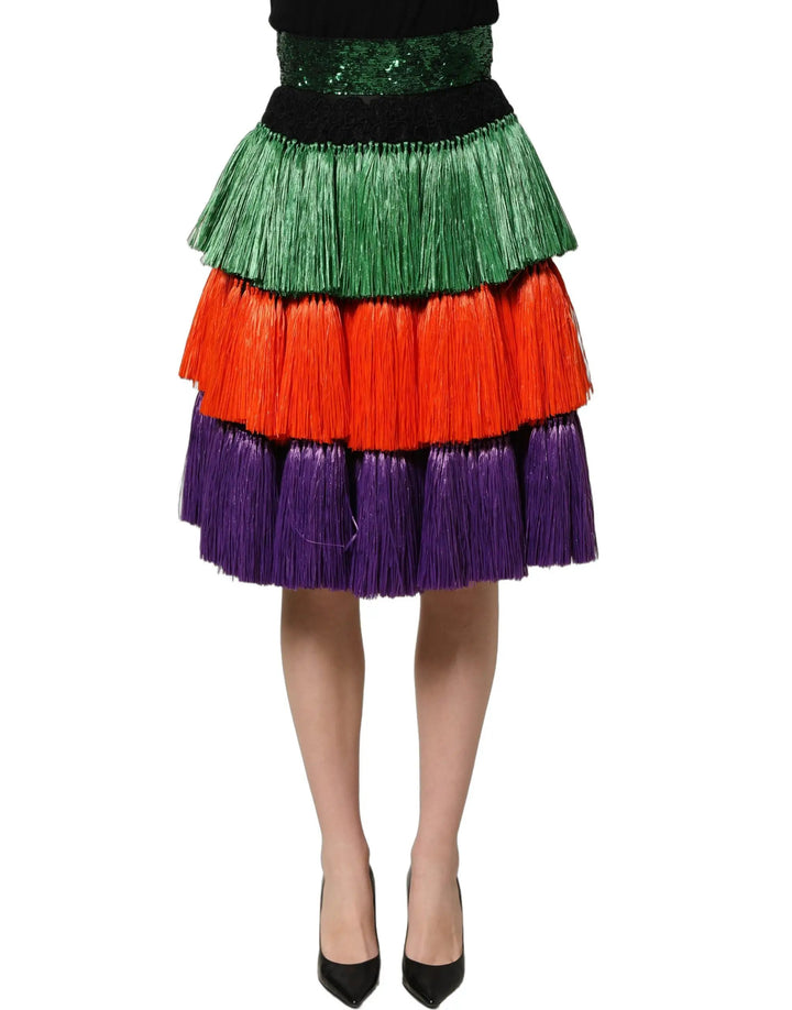 Dolce &amp; Gabbana Multicolor Fringed High Waist Knee Length Skirt