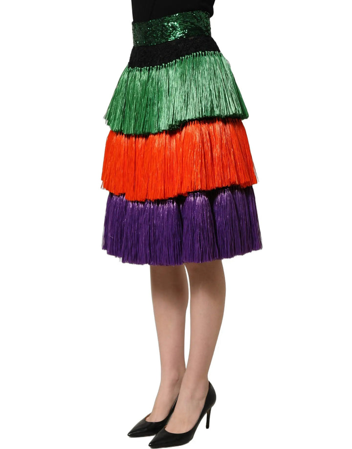 Dolce &amp; Gabbana Multicolor Fringed High Waist Knee Length Skirt