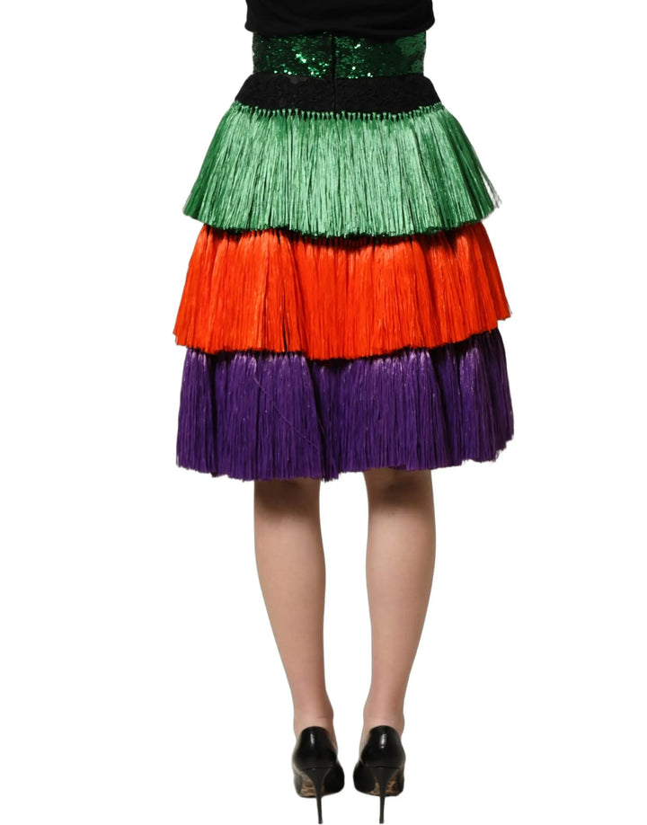 Dolce &amp; Gabbana Multicolor Fringed High Waist Knee Length Skirt