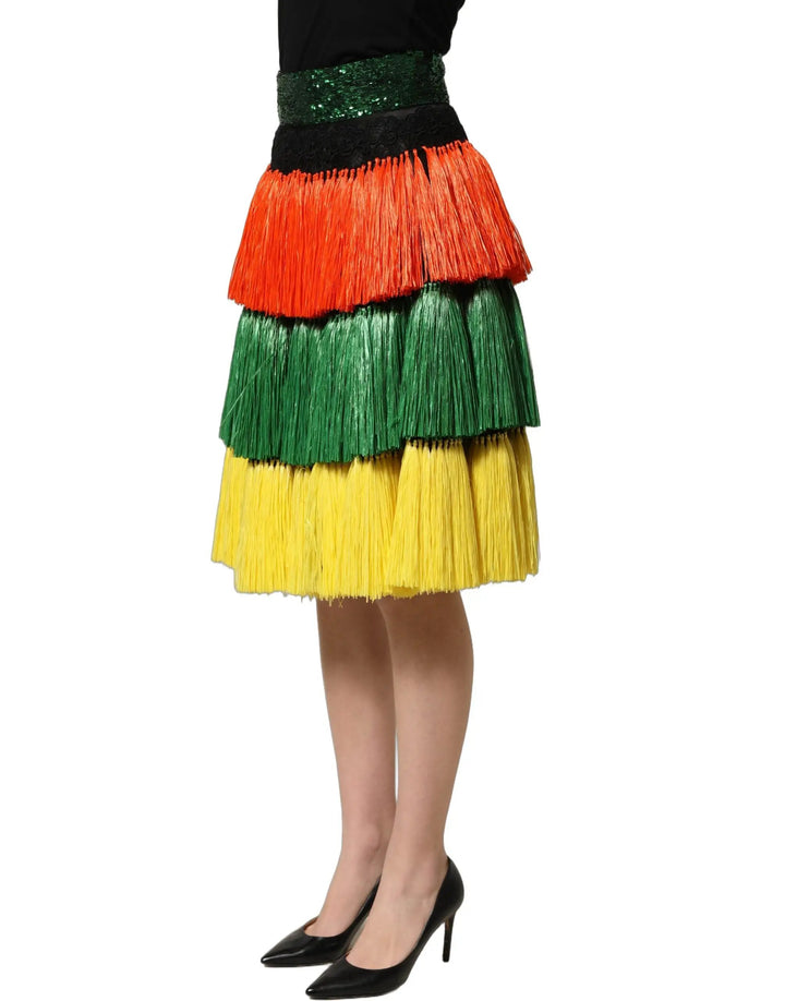 Dolce &amp; Gabbana Multicolor Fringe Sequin High Waist Knee Length Skirt