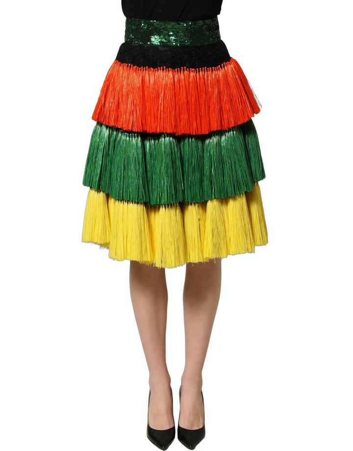 Dolce &amp; Gabbana Multicolor Fringe Sequin High Waist Knee Length Skirt