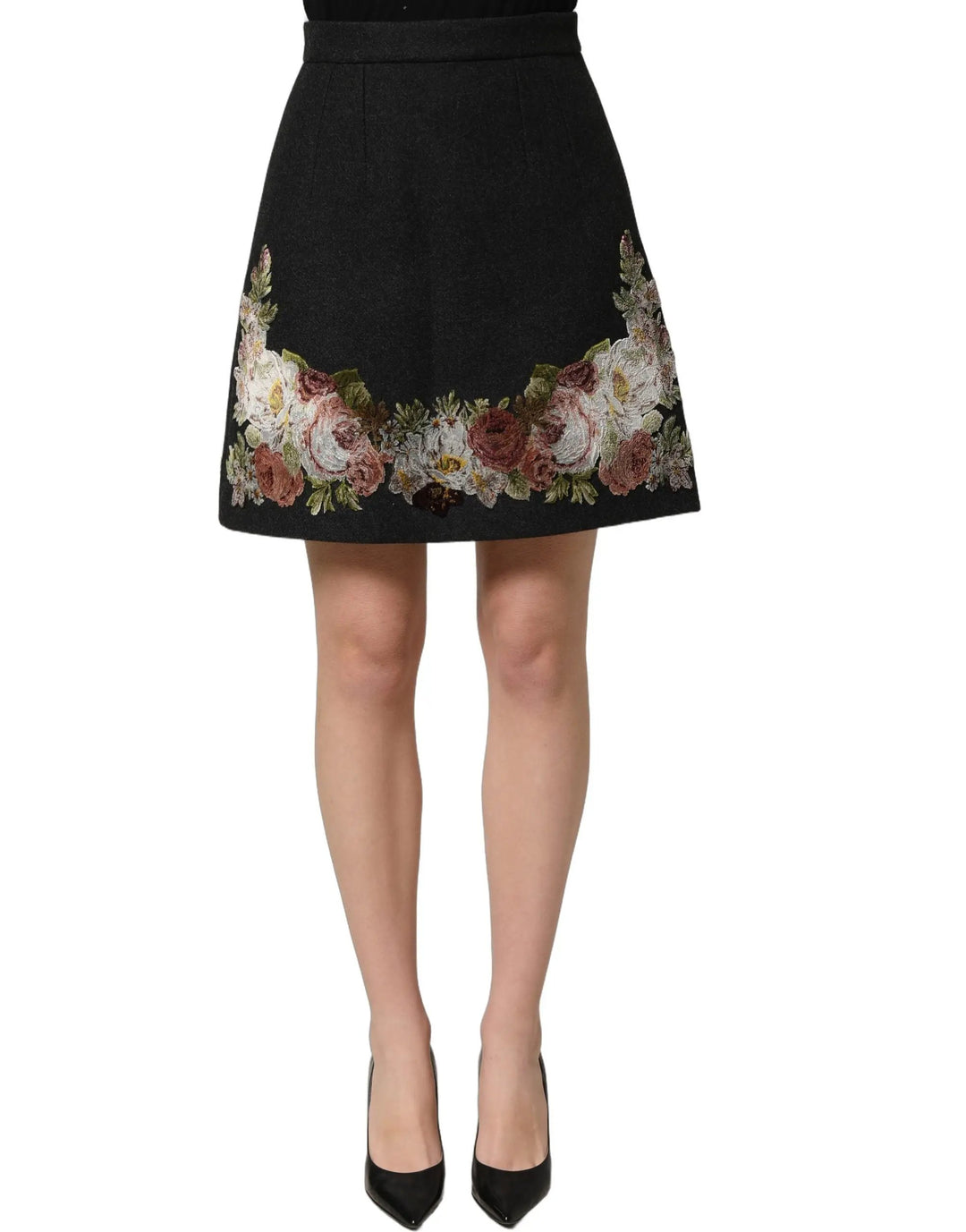 Dolce &amp; Gabbana Black Floral Macramé High Waist A-line Skirt