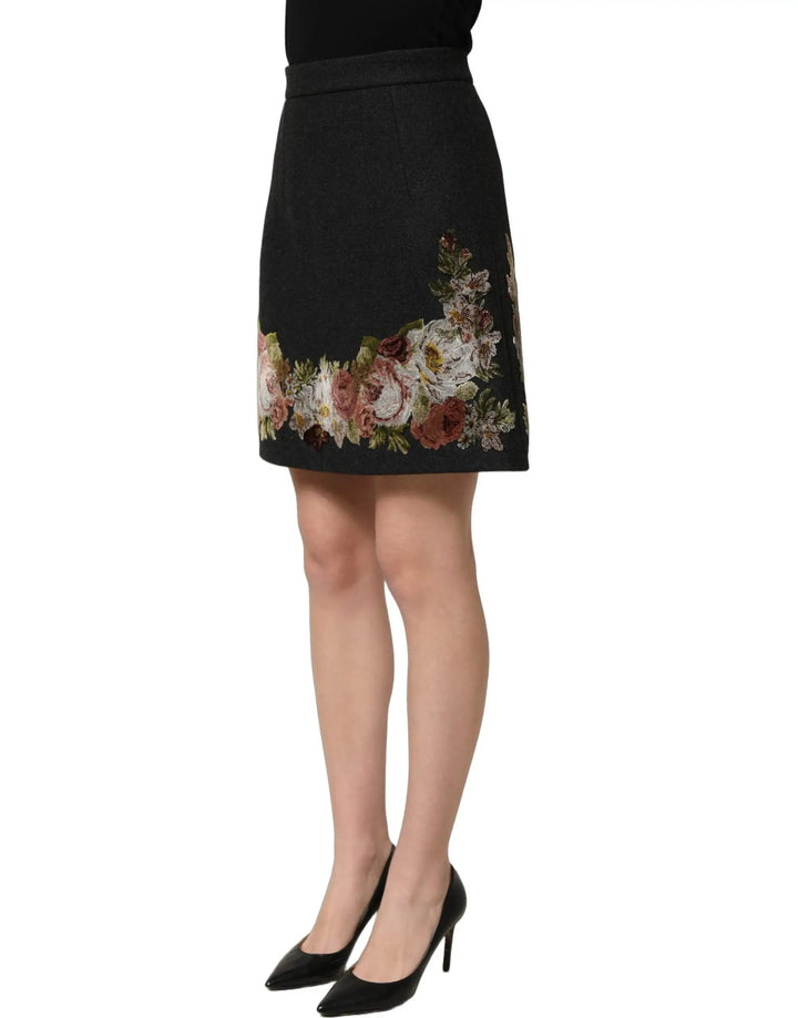 Dolce &amp; Gabbana Black Floral Macramé High Waist A-line Skirt