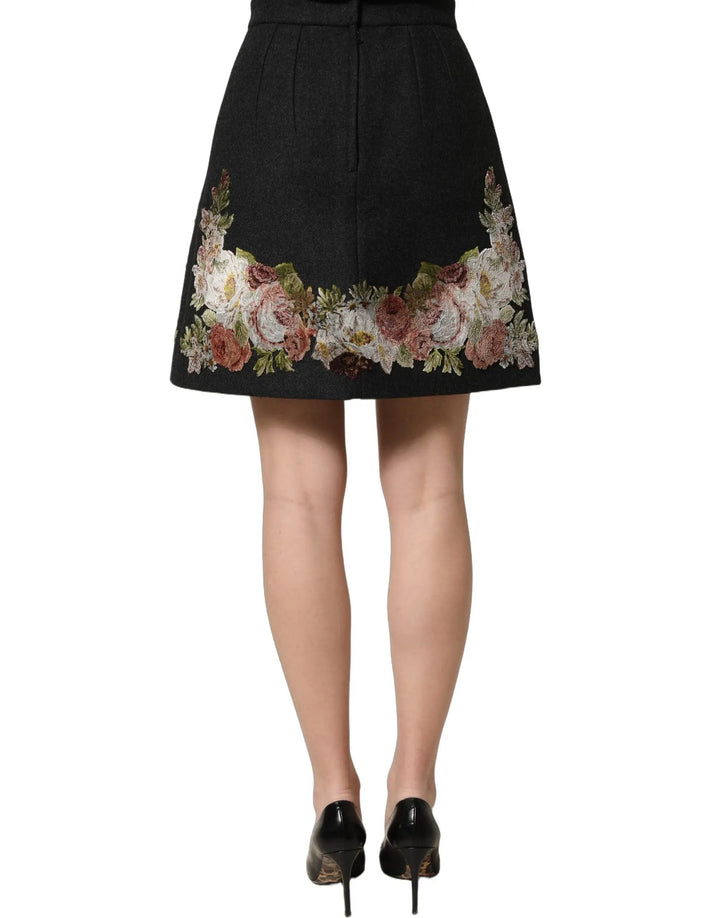 Dolce &amp; Gabbana Black Floral Macramé High Waist A-line Skirt
