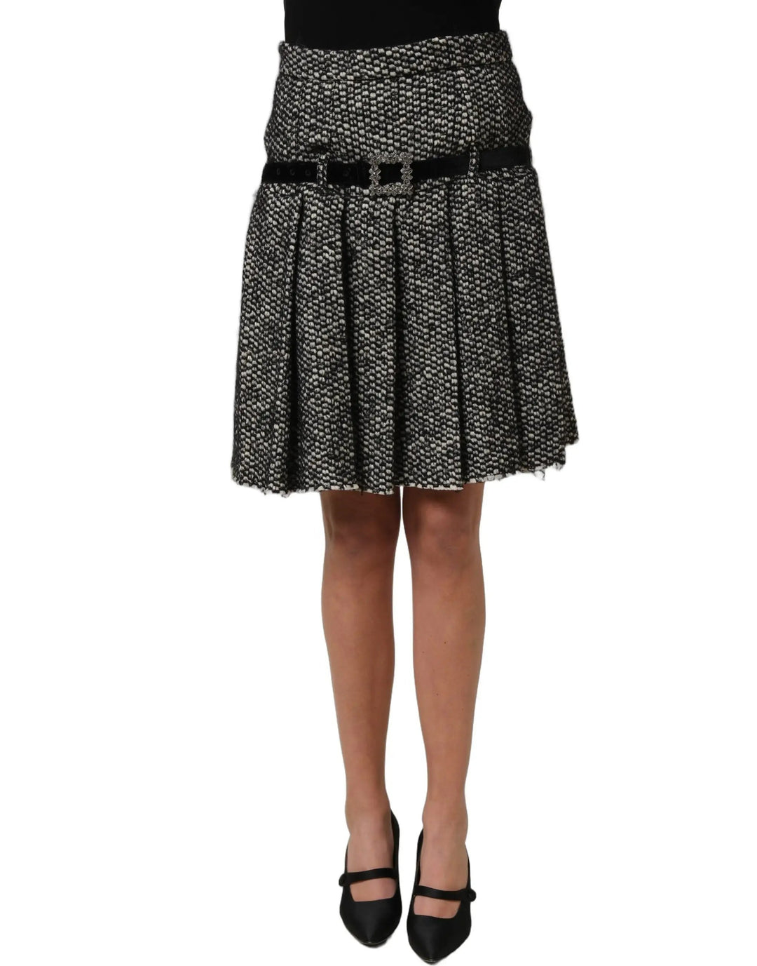 Dolce &amp; Gabbana Black White Tweed High Waist Pleated Skirt