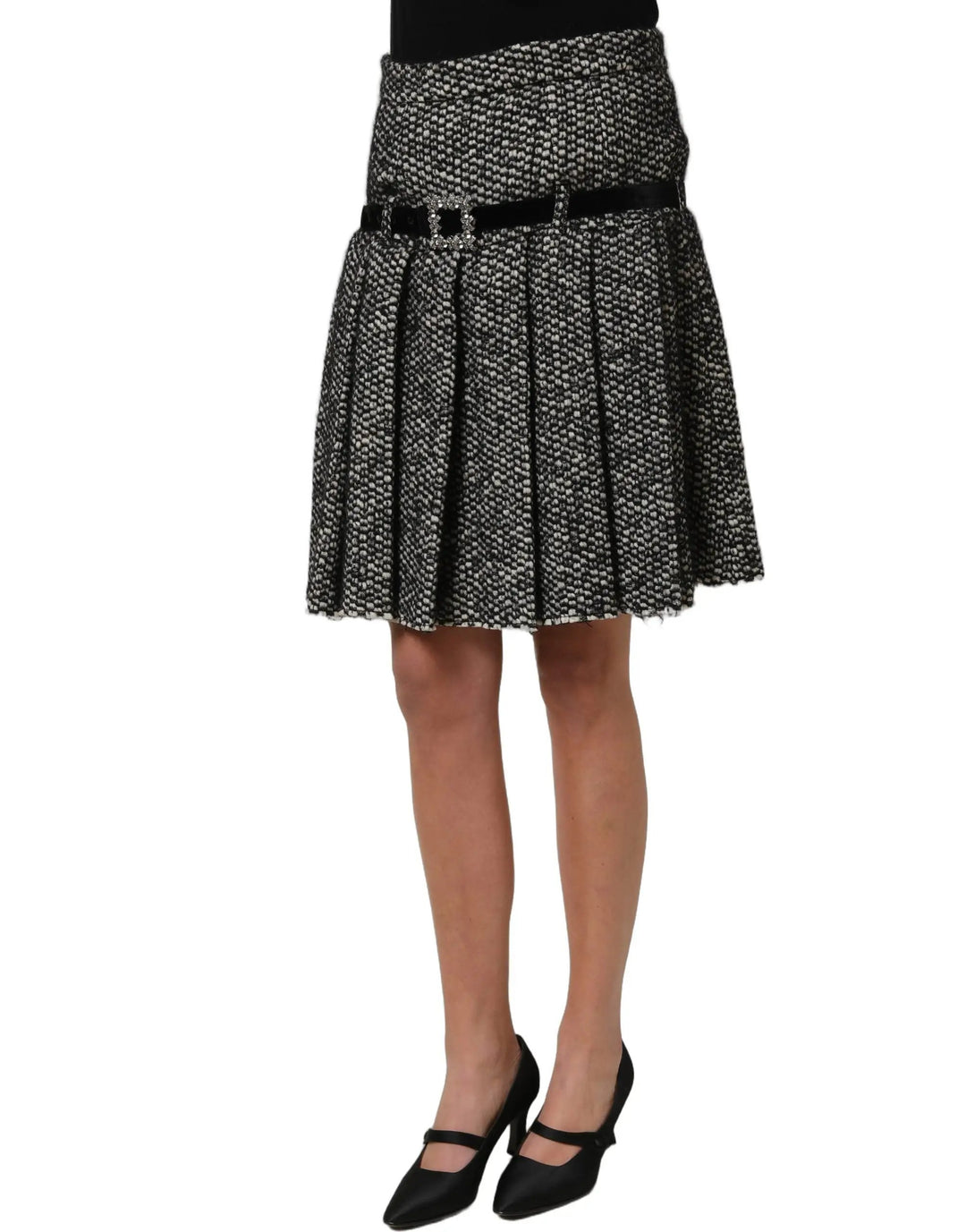 Dolce &amp; Gabbana Black White Tweed High Waist Pleated Skirt