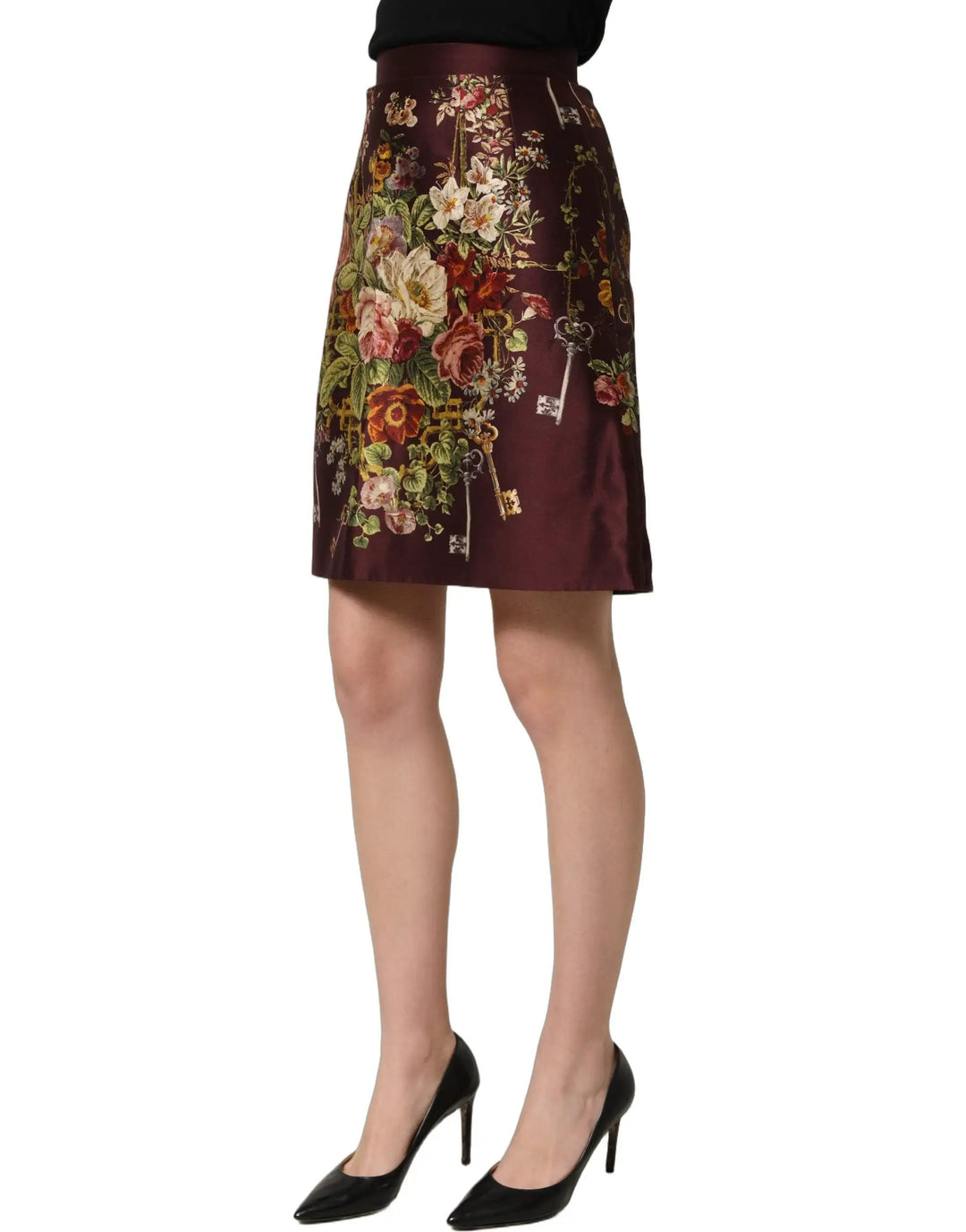 Dolce &amp; Gabbana Burgundy Floral HighWaist A-line Mini Skirt