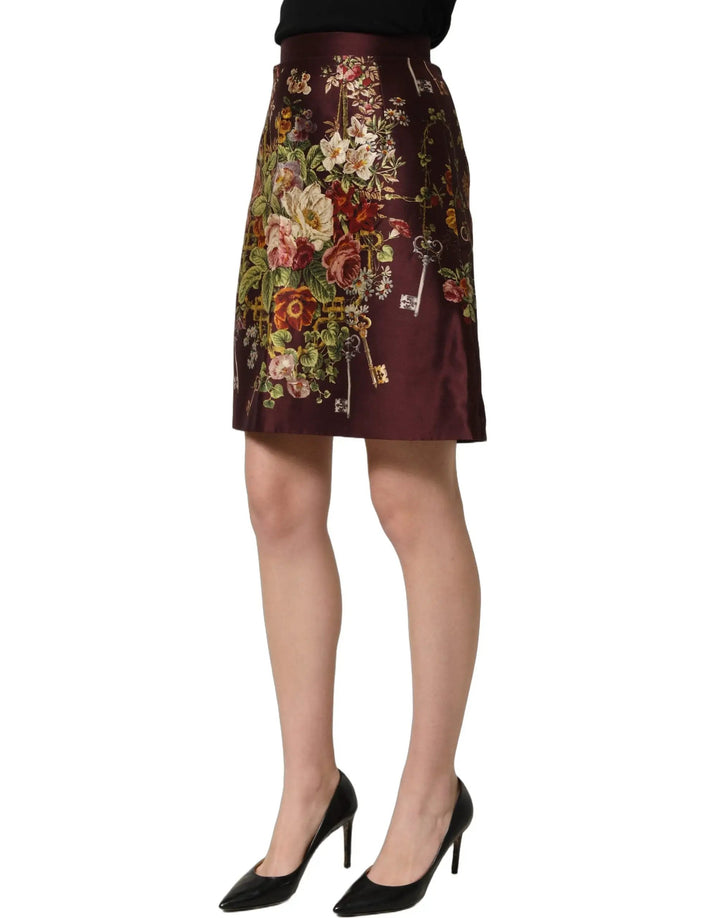 Dolce &amp; Gabbana Burgundy Floral HighWaist A-line Mini Skirt