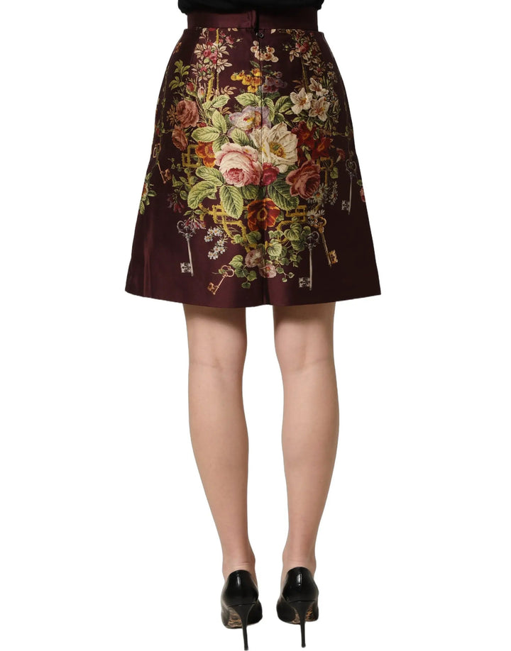 Dolce &amp; Gabbana Burgundy Floral HighWaist A-line Mini Skirt