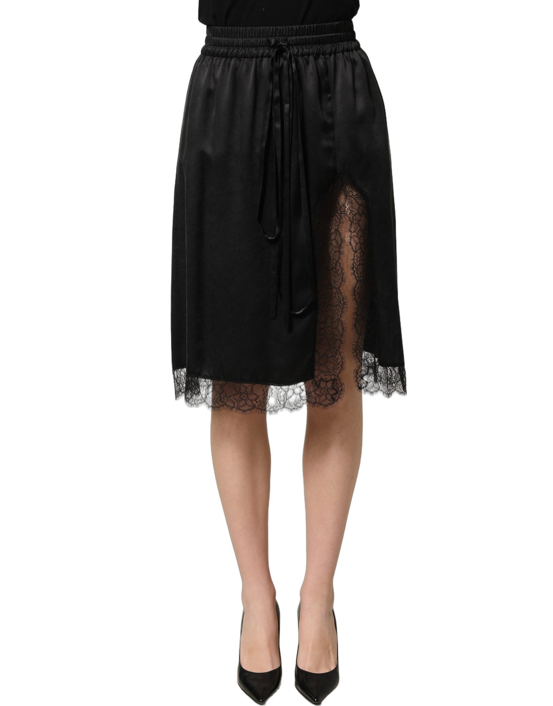 Dolce &amp; Gabbana Black Lace Trimmed Satin Side Slit Skirt