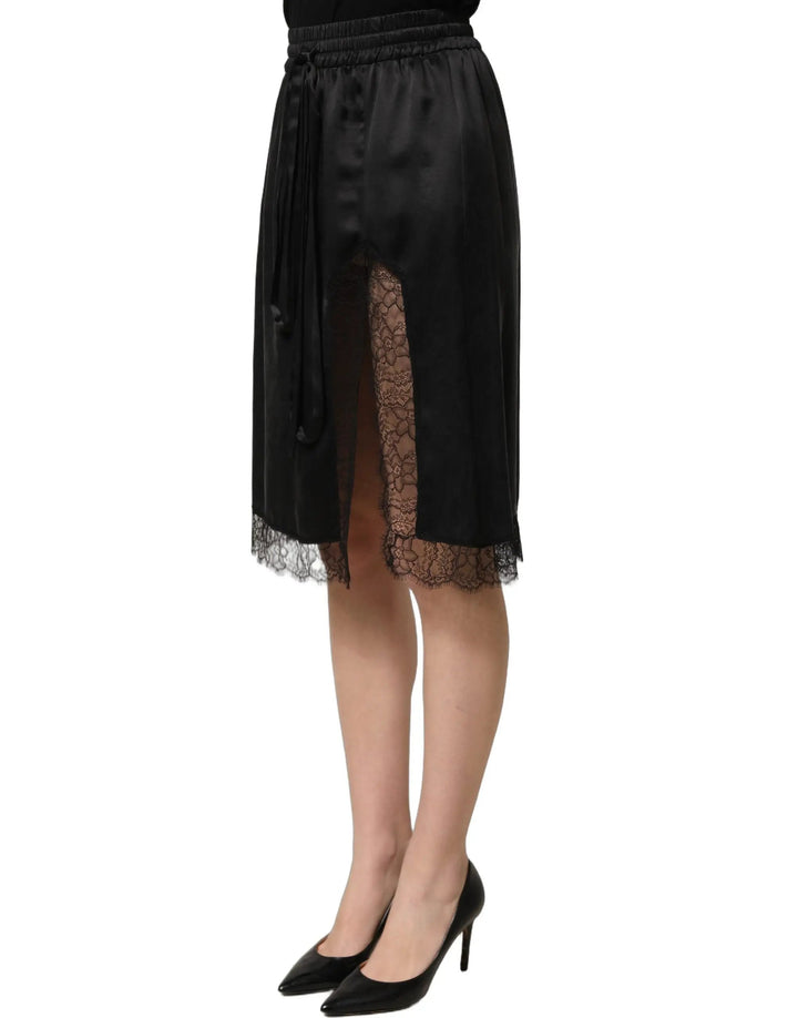 Dolce &amp; Gabbana Black Lace Trimmed Satin Side Slit Skirt