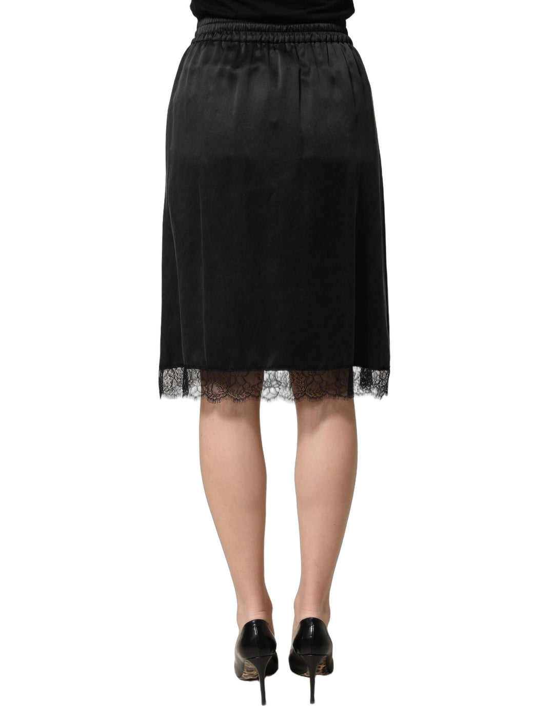 Dolce &amp; Gabbana Black Lace Trimmed Satin Side Slit Skirt