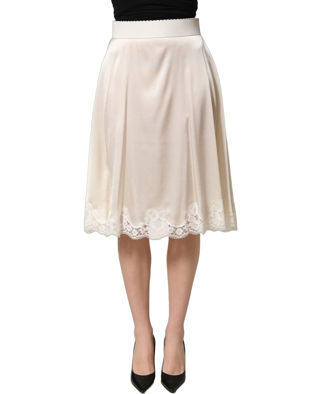Dolce & Gabbana Sample Sale | Dolce & Gabbana Off White Lace Trimmed Satin High Waist Skirt - | Designer outlet