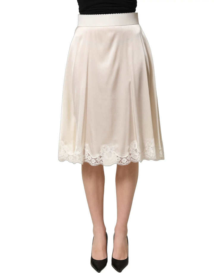 Dolce &amp; Gabbana Off White Lace Trimmed Satin High Waist Skirt