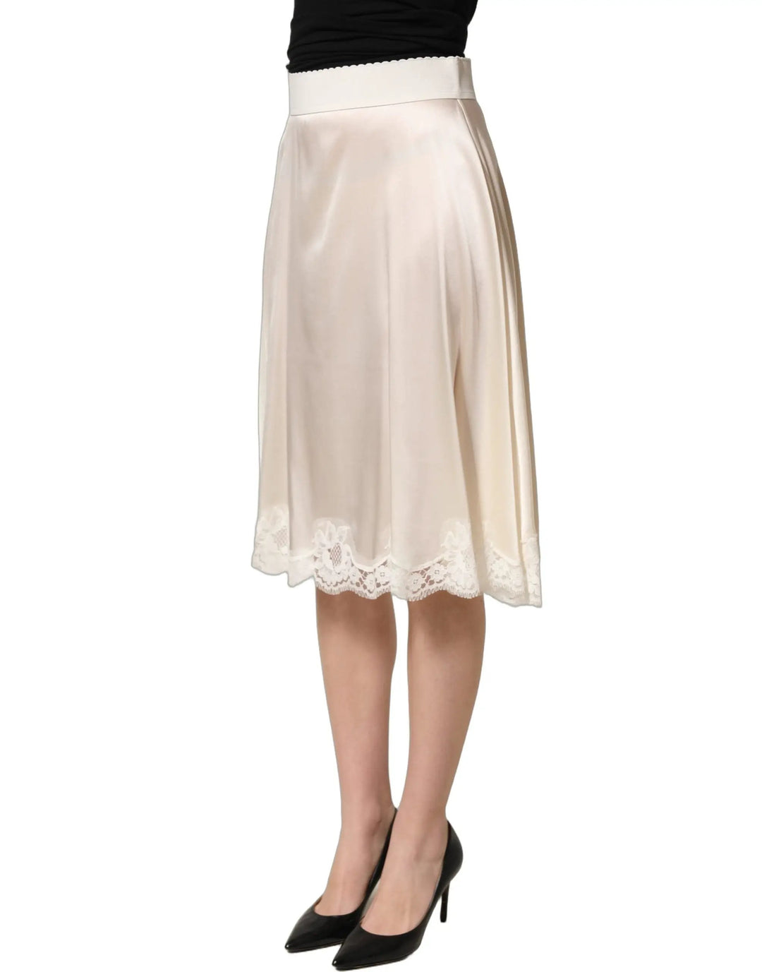 Dolce &amp; Gabbana Off White Lace Trimmed Satin High Waist Skirt