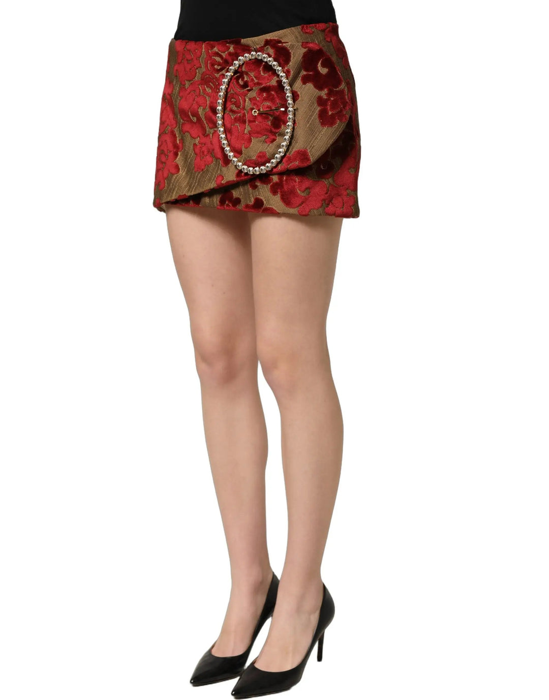 Dolce &amp; Gabbana Maroon Floral Jacquard Rhinestone Mini Skirt