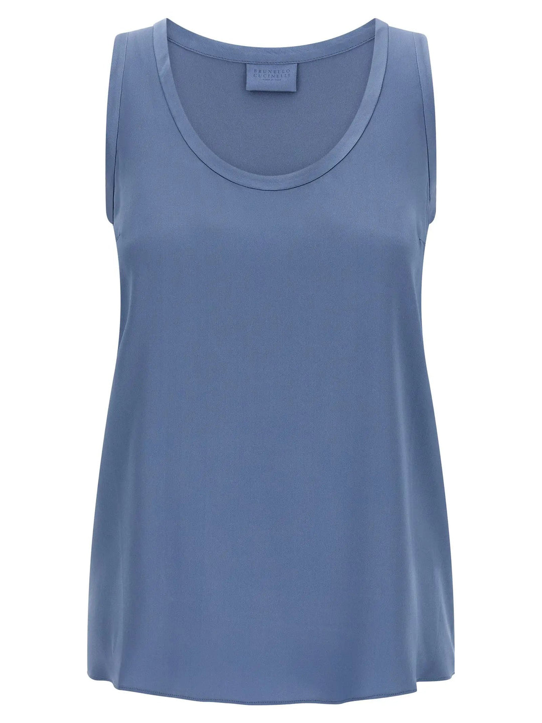 Brunello Cucinelli Blue Silk Sleeveles T-Shirt