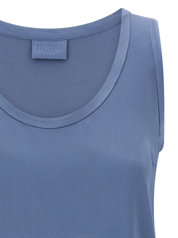 Brunello Cucinelli Blue Silk Sleeveles T-Shirt