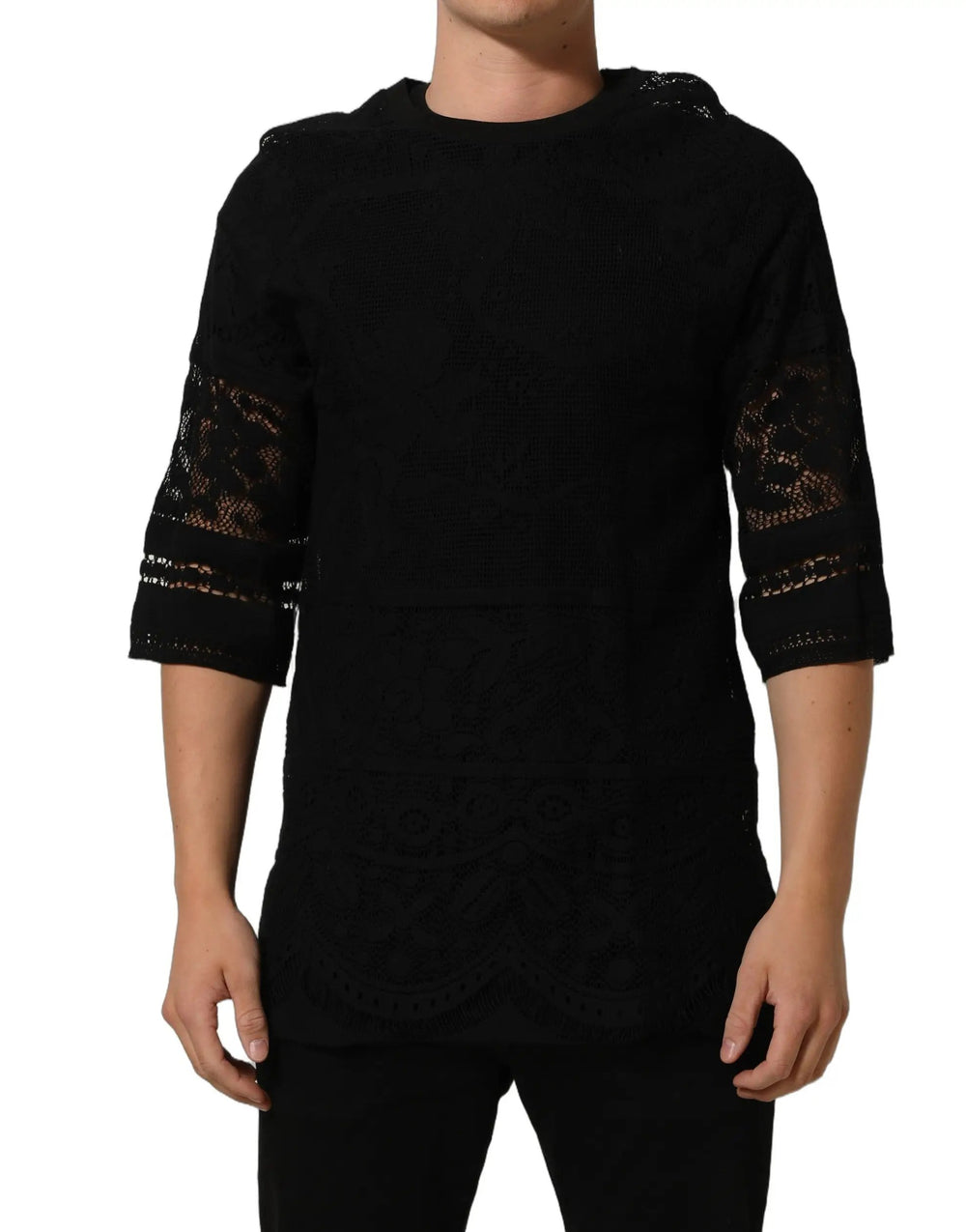 Dolce & Gabbana Sample Sale | Dolce & Gabbana Black Cotton Floral Lace Crew Neck T-shirt - | Designer outlet