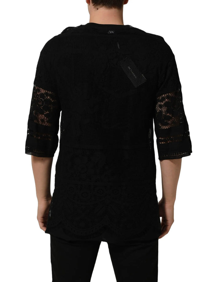 Dolce &amp; Gabbana Black Cotton Floral Lace Crew Neck T-shirt