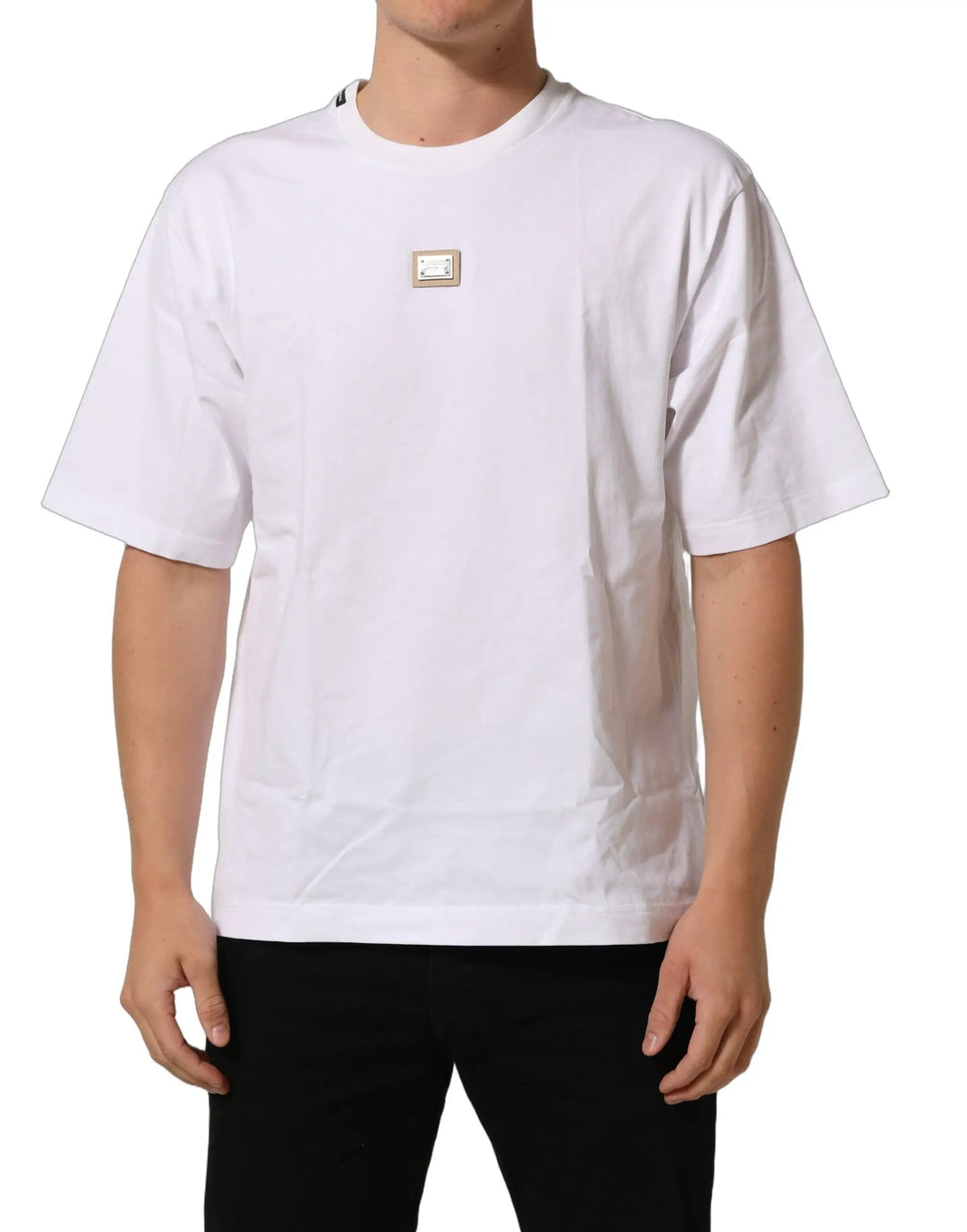 Dolce &amp; Gabbana Sample Sale | Dolce &amp; Gabbana White Cotton Logo Plaque Crew Neck T-shirt - | Designer outlet