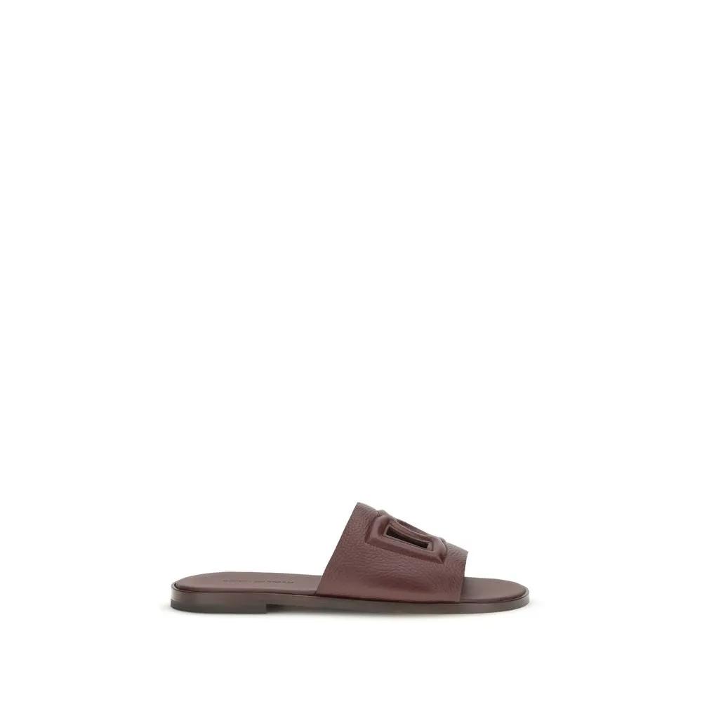 Dolce &amp; Gabbana Brown Calf Leather Bos Taurus Flat Sandals