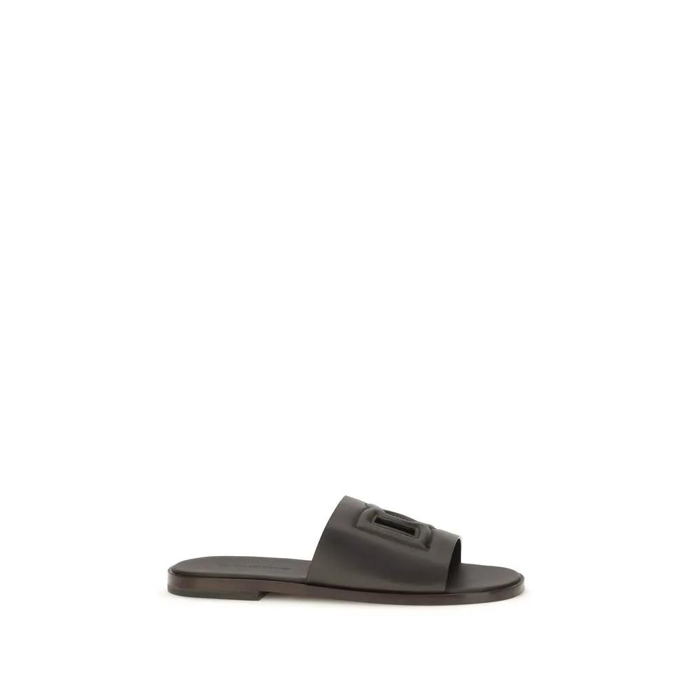 Dolce &amp; Gabbana Brown Calf Leather Bos Taurus Flat Sandals
