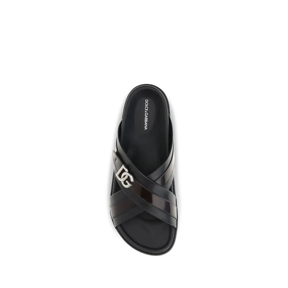 Dolce &amp; Gabbana Black Calf Leather Bos Taurus Sandals