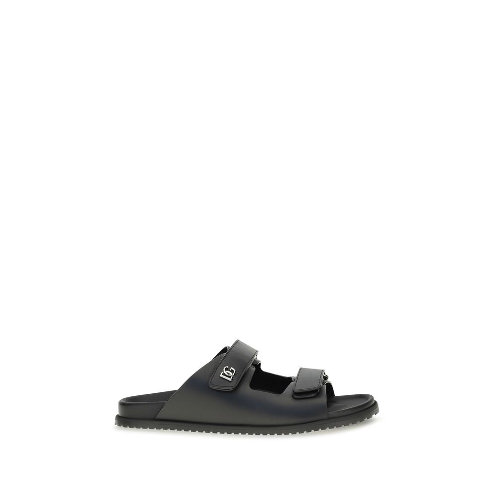 Dolce &amp; Gabbana Black Calf Leather Bos Taurus Flat Sandals